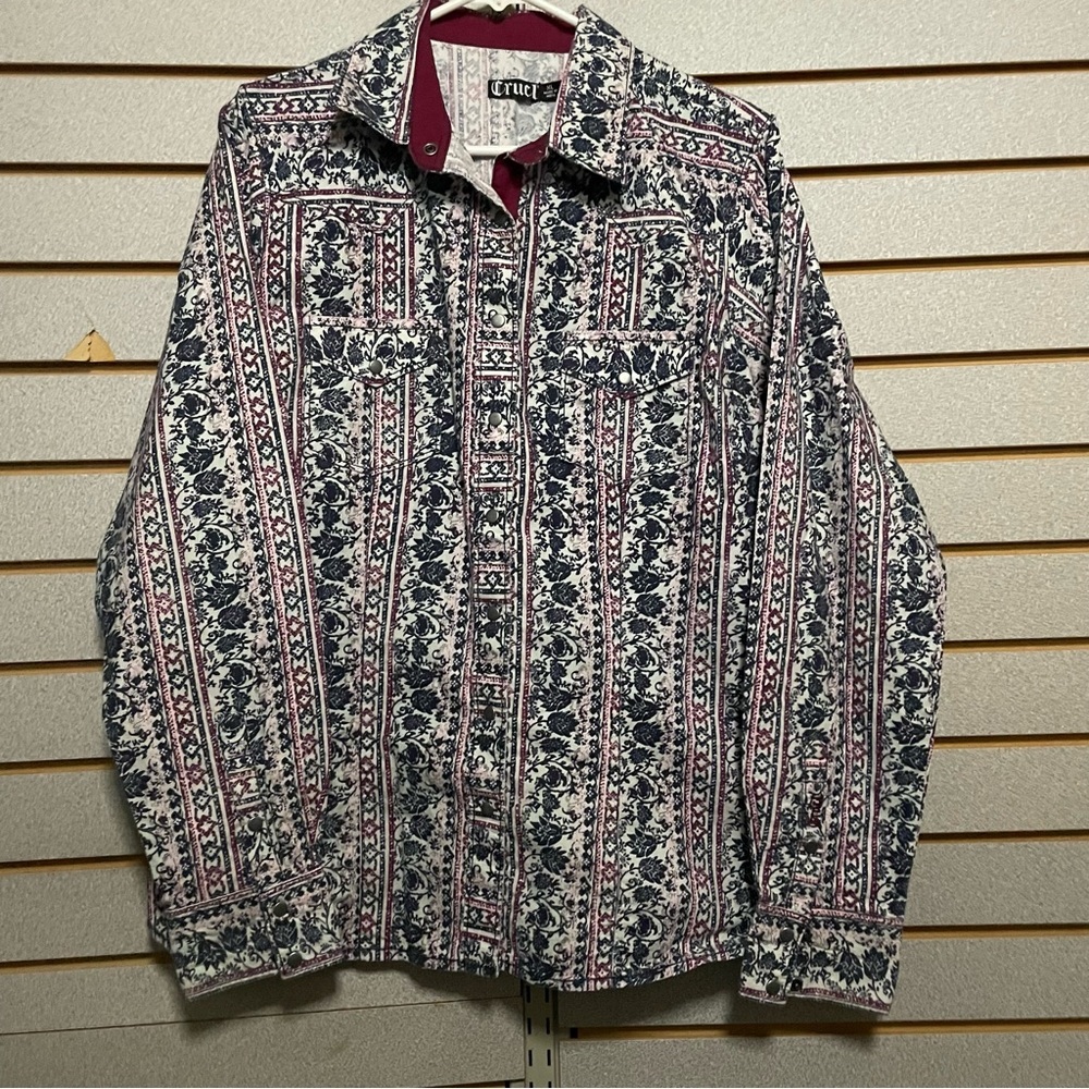 Cruel Girl XL Long Sleeve Pearl Snap Shirt! Burgandy Navy Floral Western Cowgirl